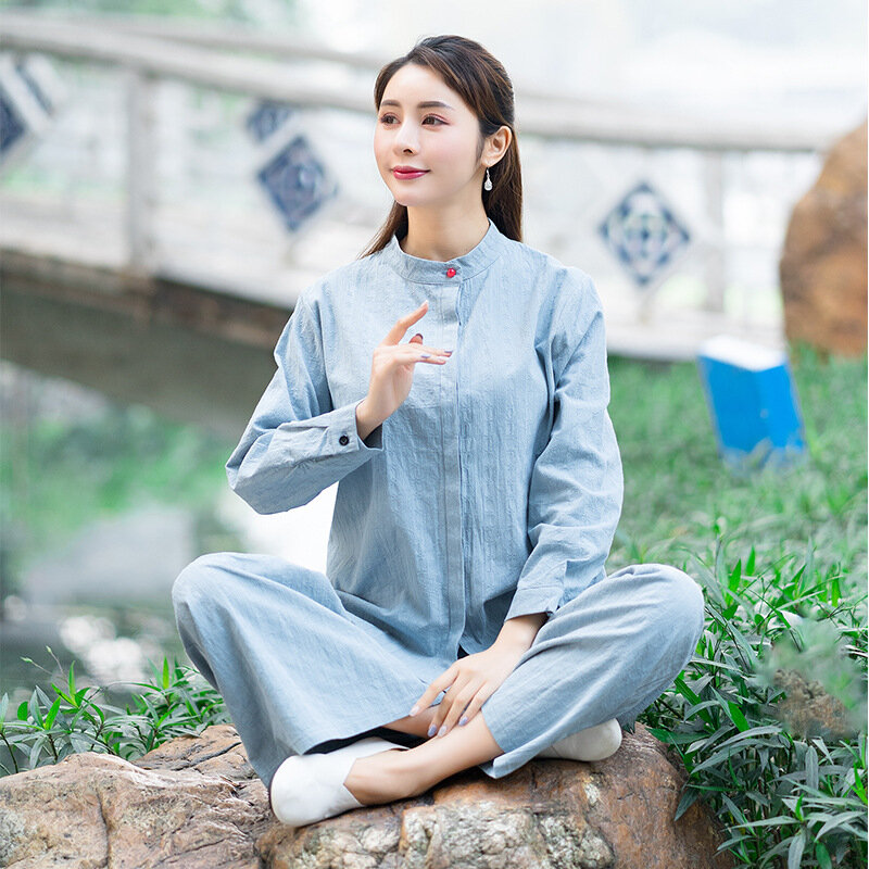 Traditional Chinese Clothing for Women Linen Shirt Kung Fu Uniform Breathable Comfy 2Pcs Sets Tops Yoga Pants Tai Chi Uniform