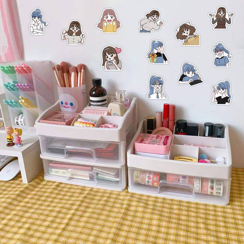 60pcs Cute Sweet Girl Stickers Clothing Girl Expression Stickers Stationery Water Cup Mobile Phone Case Decorative Stickers