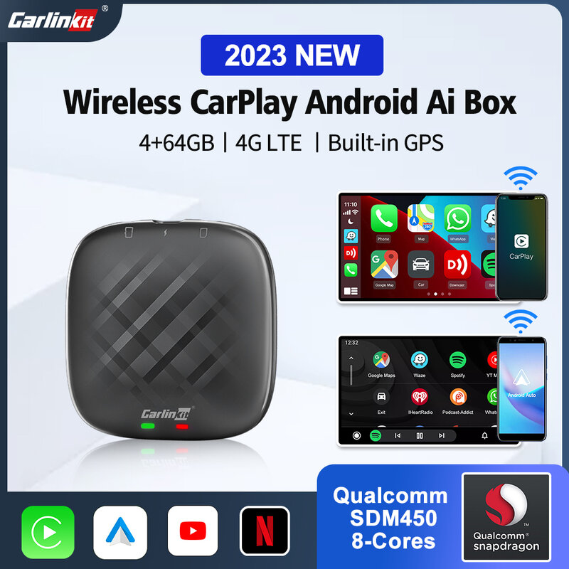 CarlinKit علبة التلفزيون بنظام أندرويد لسيارة فورد VW كيا, صندوق التلفاز CarPlay Ai، كوالكوم ثماني النواة، يدعم تحديد المواقع، يوتيوب ونتفليكس، 4 + 64 جي...