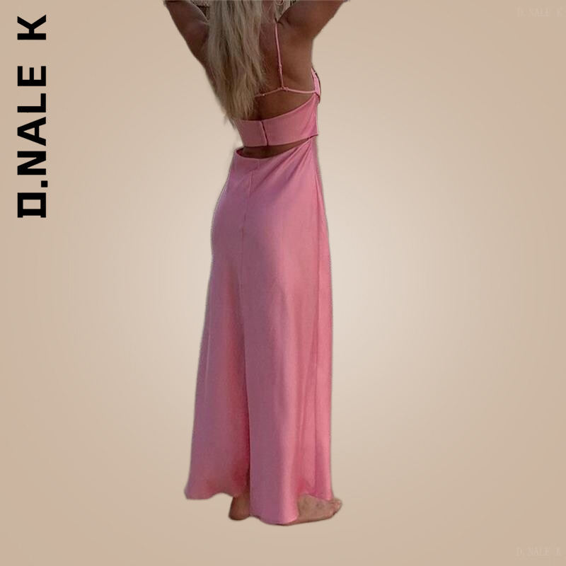 فستان D.Nale K مصنوع من الساتان بدون أكمام سهل الارتداء 2022 وردي كاميس فساتين طويلة للنساء بدون ظهر مثير للحفلات فستان متوسط الطول