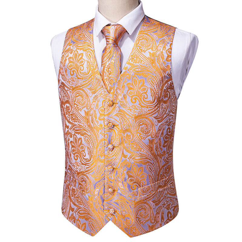 4 قطعة مصمم رجالي بدلة الزفاف سترة الكلاسيكية البرتقال الجاكار Folral الحرير صدرية سترات التعادل منديل الصدرية مجموعة باري وانغ