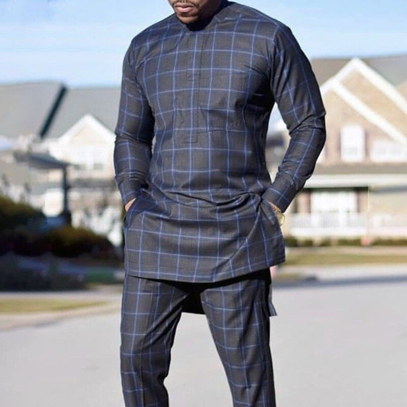 African Clothing For Man Dashiki Style Men's Plaid Shirts and Pants 2 Piece Casual Suits Kaftan Wear Suits Men Clothing (M-4XL)