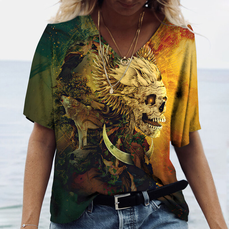 خمر الجمجمة المرأة T قميص 3D المطبوعة قميص بلوزة من عنق v عارضة قصيرة الأكمام البلوز قمم الصيف المتضخم المتناثرة الملابس المحملات