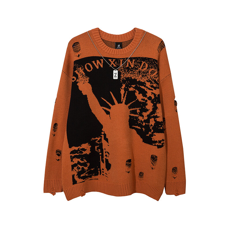 Retro Character Letter Patchwork Hole Spring Sweaters Mens and Womens Round Neck Hip Hop Knitted Oversized Pullover Sweater