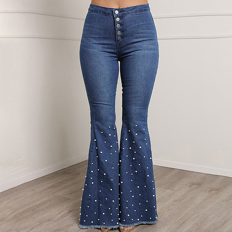 سراويل نسائية مضيئة جينز صيفي جديد بخصر عالٍ جينز نسائي مطاط متوهج جينز بناتي جينز ضيق واسع الساق من قماش الدنيم #5