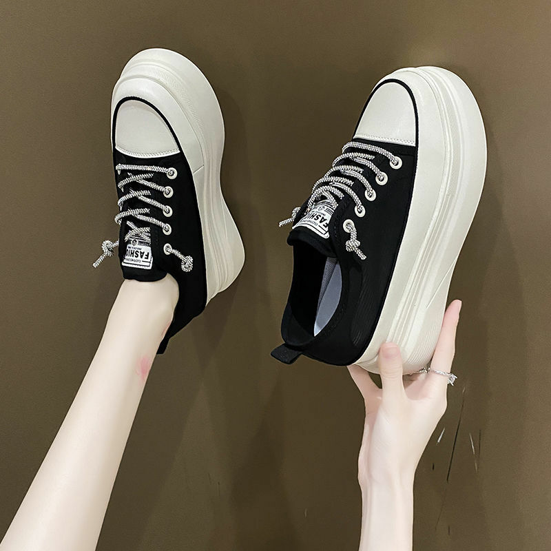 Women's Canvas Shoes Height Increasing Insole Summer Thin 2022 New Small Slim Fit Thick-Soled Women's Shoes 8cm All-Matching