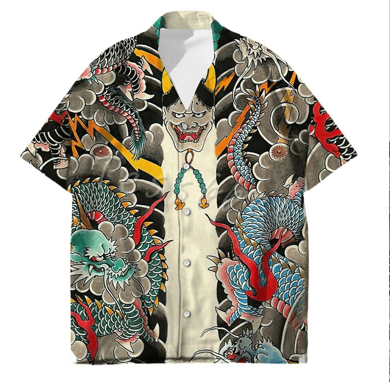 قميص رجالي هاواي Harajuku قمصان غير رسمية الصيف المحملة الساموراي اليابانية الوشم ثلاثية الأبعاد طباعة بلوزات الموضة المتضخم بلوزة الشارع الشهير