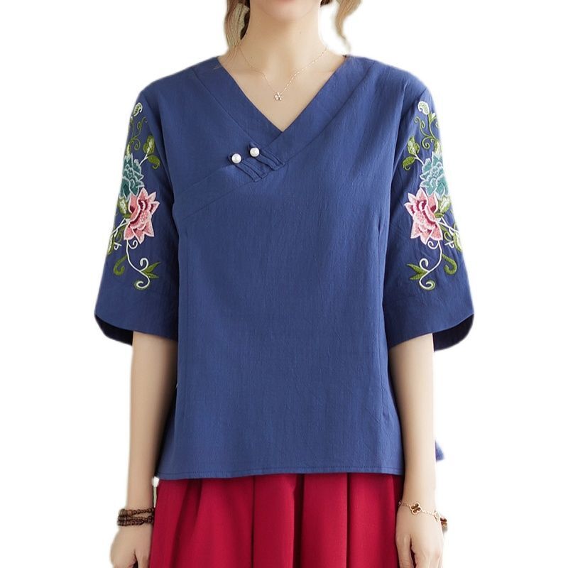 2022 Autumn New Ethnic Style Women Embroidered Cotton Linen T-shirt V-neck Loose Top Half Sleeve Pullover