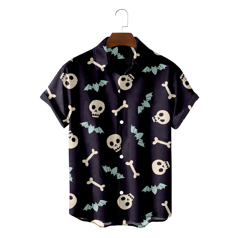 2022 قميص هاواي صيفي الرجال الصيف الهيكل العظمي الجمجمة طباعة قمصان للرجال ثلاثية الأبعاد الرجال قمصان الموضة صف واحد عودة الكوبي طوق #1