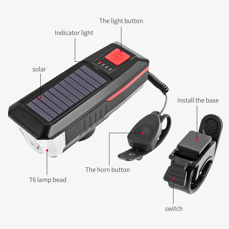 إضاءة ليد تعمل بالطاقة الشمسية إضاءة أمامية للدراجة رئيس ضوء مصباح الدراجة الدراجات الجبهة ضوء USB قابلة للشحن مع القرن مقاوم للماء #6