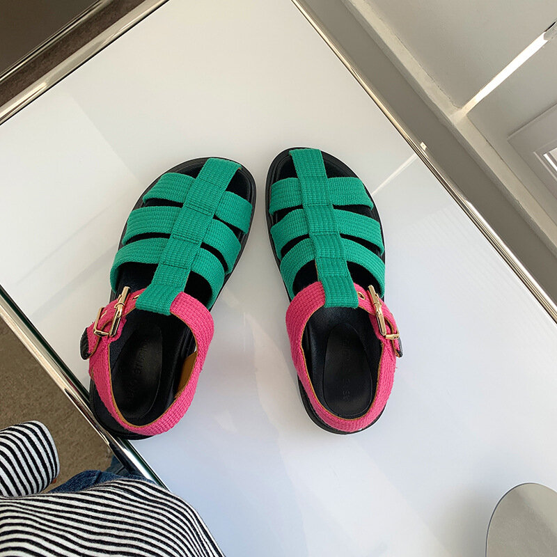 فاخر مصمم أحذية نسائية ريترو البرية نسج شقة الصيف 2022 الجديد باوتو روما اللون مطابقة باوتو صياد الأحذية #1