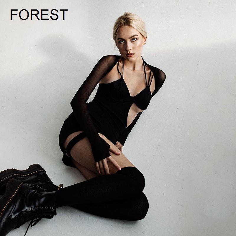 التنانير النسائية الكورية نمط جوفاء مثير تنورة قصيرة ضئيلة المناسب فستان الحمالة ضئيلة طويلة الأكمام فساتين راقية الغابات