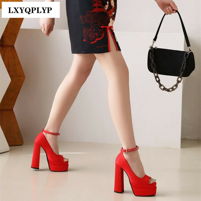 Fish Mouth Waterproof Platform Thick High-heeled Rhinestone Fashion Banquet New Women's High-heeled Shoes Spring and Summer