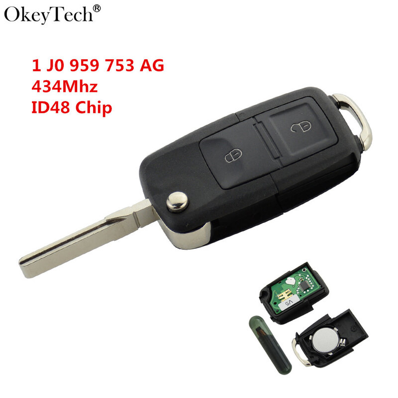Okeytech 2 مفتاح بزر عن بعد الوجه للطي 434 ميجا هرتز ID48 شريحة جهاز إرسال واستقبال لشركة فولكس فاجن جولف 4 5 باسات b5 b6 بولو توران 1 جو 959 753 AG