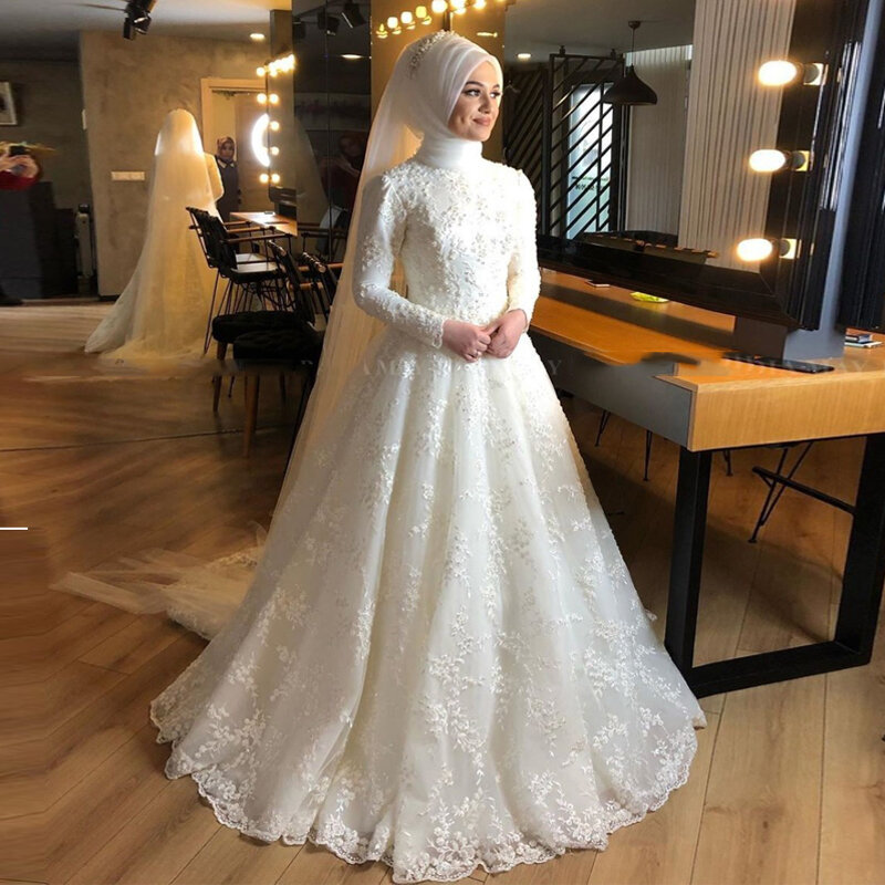فستان زفاف إسلامي بأكمام طويلة ورقبة عالية دانتيل فستان زفاف حجاب إسلامي عربي دبي قفطان Vestidos De Novia