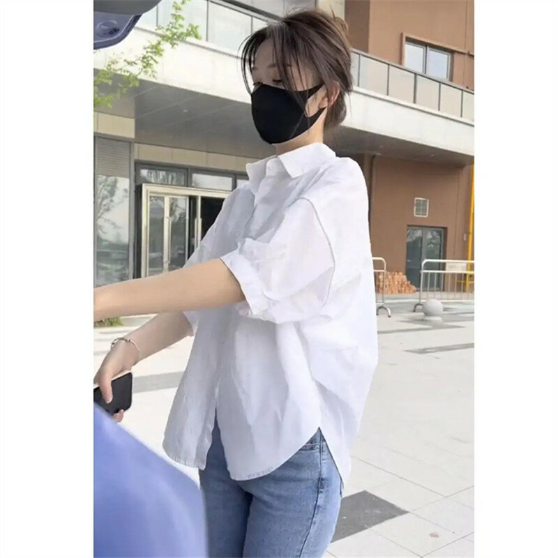 Cotton Shirt Women Summer Thin Wild Fashion Vintage Tops Loose Casual Female Elegant Korea Blouse Solid Short Sleeve