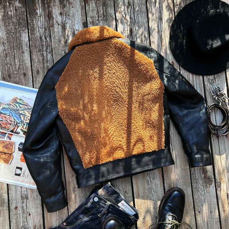 Tailor Brando Lamb Hair Patchwork Tea Core Horse Leather Brown Bear Jacket American Style Retro Thickened Leather Jacket