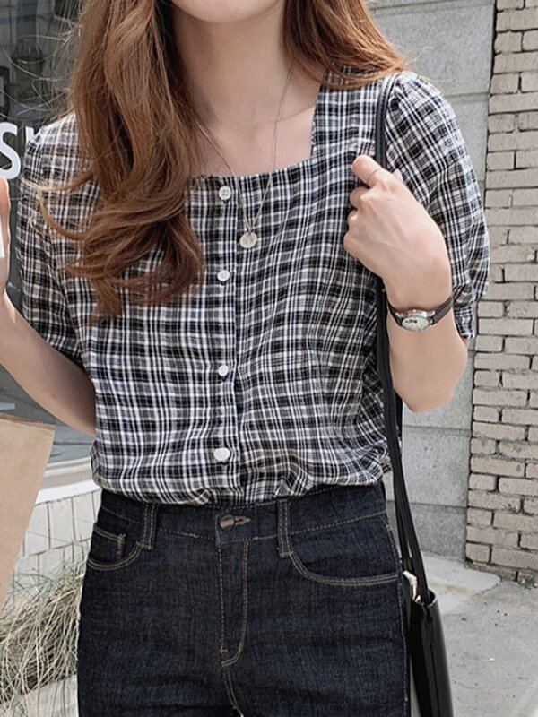 Chic Puff Sleeve Plaid Shirt Women's Summer Small Fresh Exposed Collarbone Square Collar Shirt Female Top Ladies Dropshipping