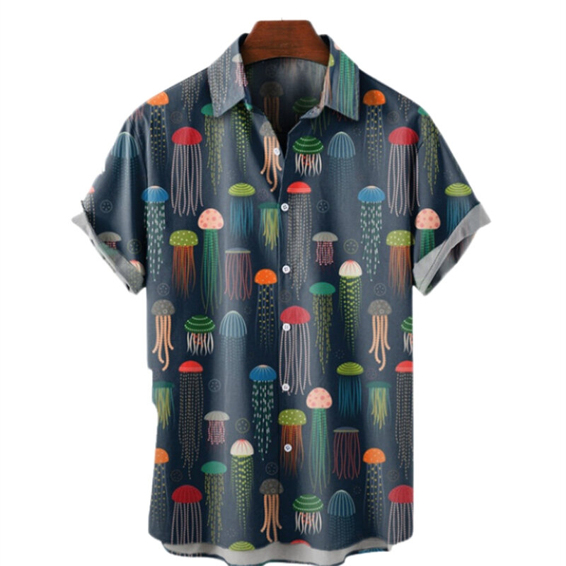 جديد هاواي الرجال نمط الشاطئ عادية قصيرة الأكمام تنفس موضة بولو طوق الرجال قميص ثلاثية الأبعاد الطباعة المعتاد قمصان فضفاضة