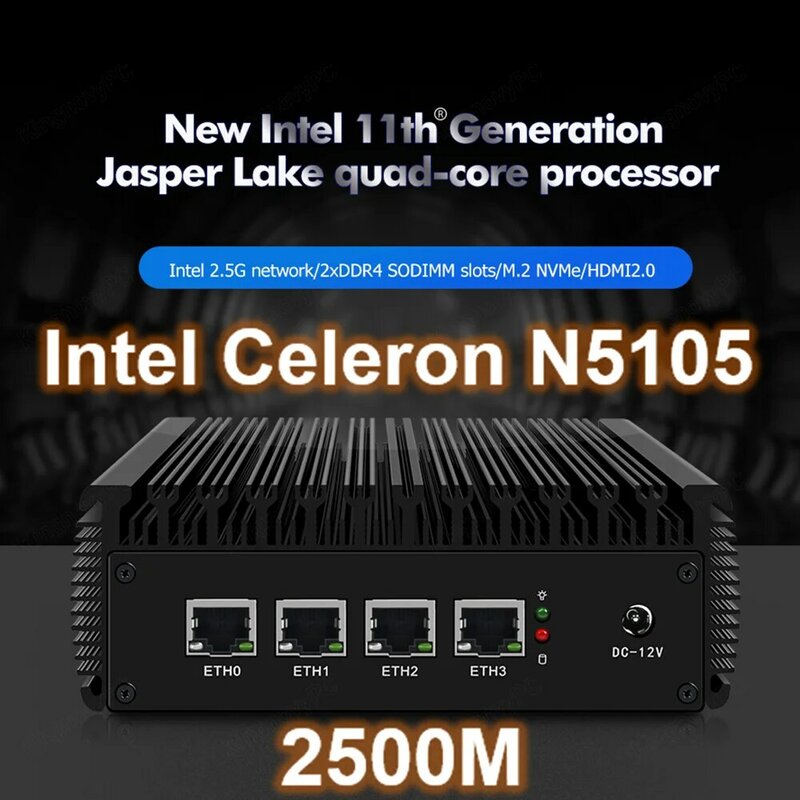 2.5G pfSense جهاز كمبيوتر صغير بدون مروحة 11th Gen Celeron N5105 4 * Intel i225 2500M Lan M.2 NVMe SSD 2 * DDR4 جهاز توجيه OPNsense خادم جدار الحماية