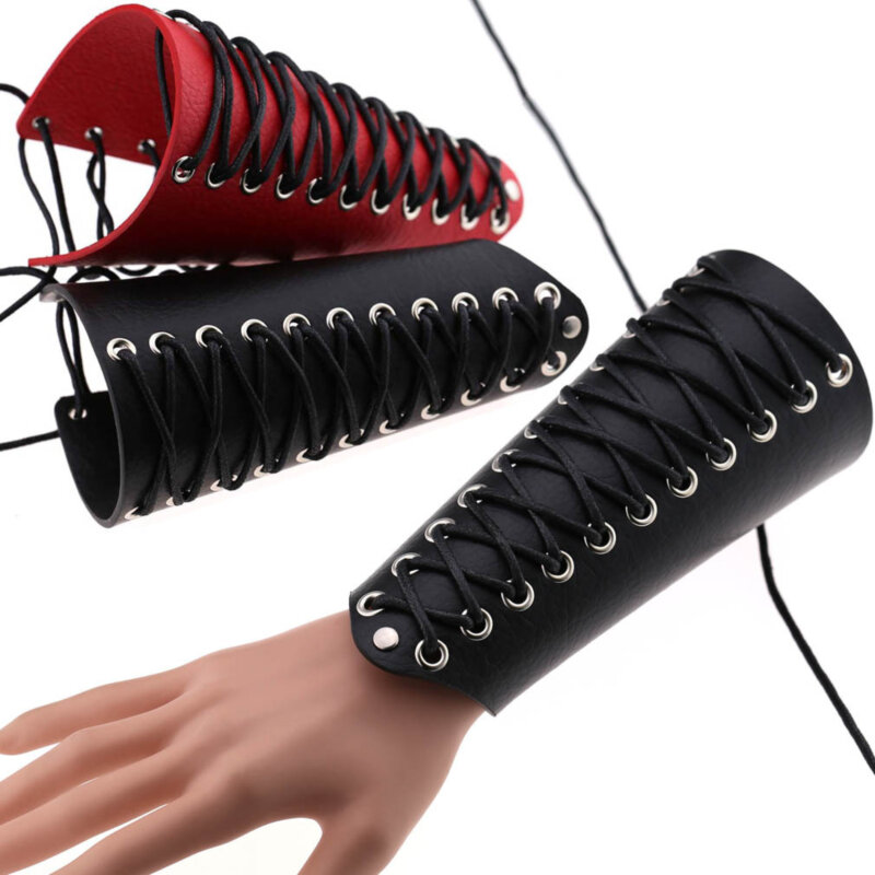 Punk Cosplay Lace Up Cross Solid Color Sleeve Cover Bandage Harness Wide Cuff Leather Gothic Rock Unisex Arm Bangles #3