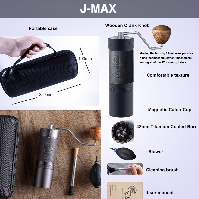 1ZPRESSO J-MAX دليل القهوة طاحونة اليد مطحنة 48 مللي متر التيتانيوم المغلفة لدغ مصممة ل إسبرسو مع تعديل خارجي فريد