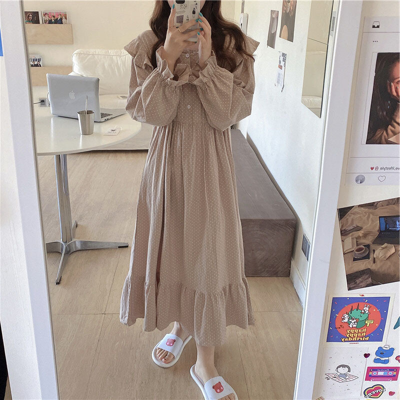 QWEEK القطن ملابس خاصة الكورية المرأة ملابس نوم البولكا نقطة فستان سهرة فستان طويل ثوب النوم الخريف ملابس النوم فضفاضة المتسكعون غير رسمية