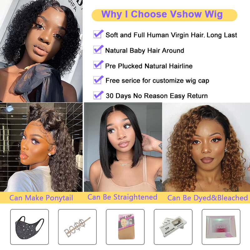 Water Wave Bob Wig Lace Front Wigs Human Hair 13x4 Lace Frontal Curly Human Hair Wig For Women PrePlucked Hairline VSHOW HAIR