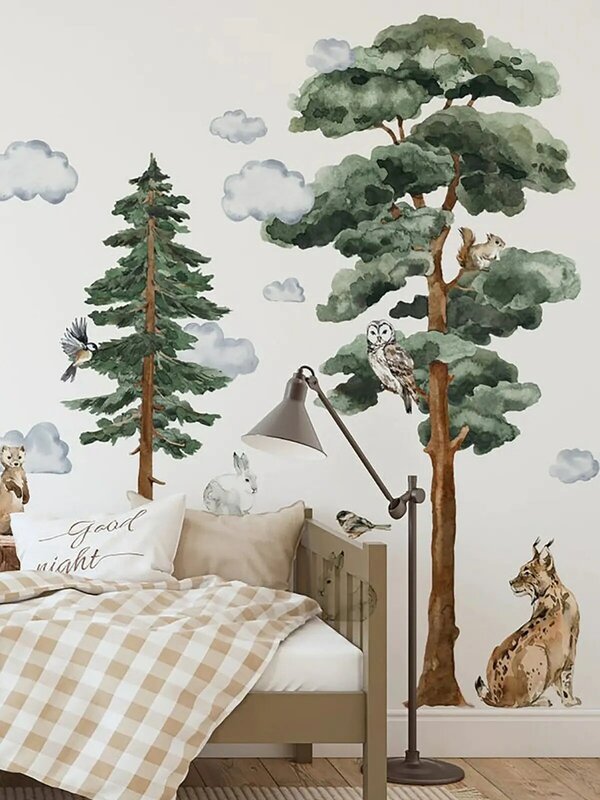 طقم ملصقات حائط أشجار وحيوانات غابات تحت عنوان 50 × 70 سم ديكور ذاتي اللصق زينة ديكور منزلي لغرفة الأطفال نويل