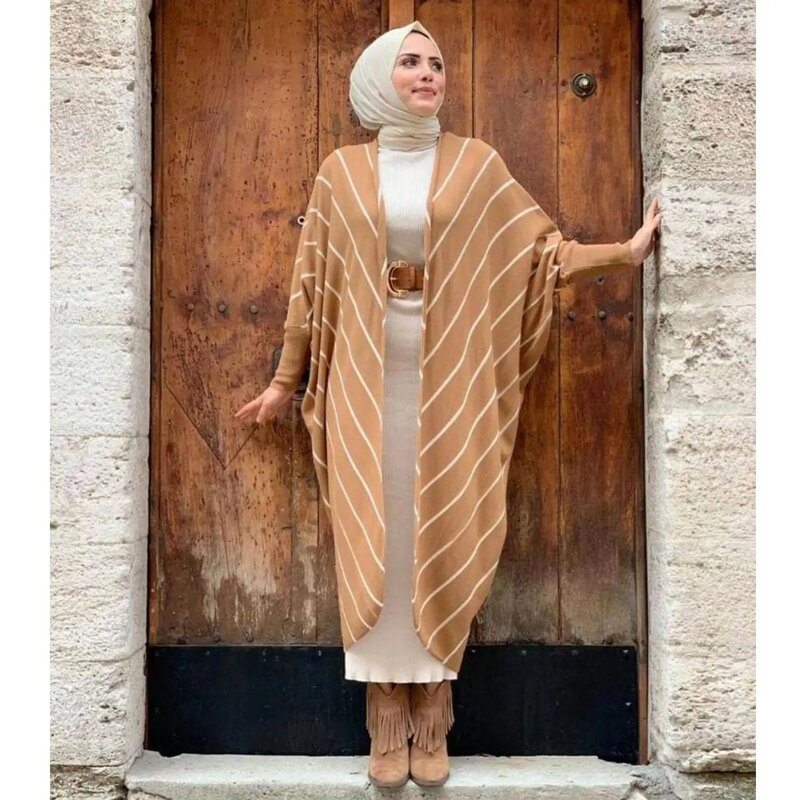 المرأة المسلمة قطعتين فستان تريكو مجموعة batwing شريط نمط سترة و كم طويل الياقة المدورة فستان طويل مجموعة تركيا
