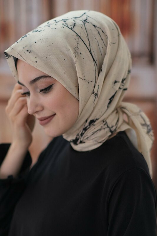 نساء رخام تصميم كريم و أسود وشاح منقوشة شال قطن حجاب % 60 قطن % 40 بوليستر موضة جديدة أنيقة