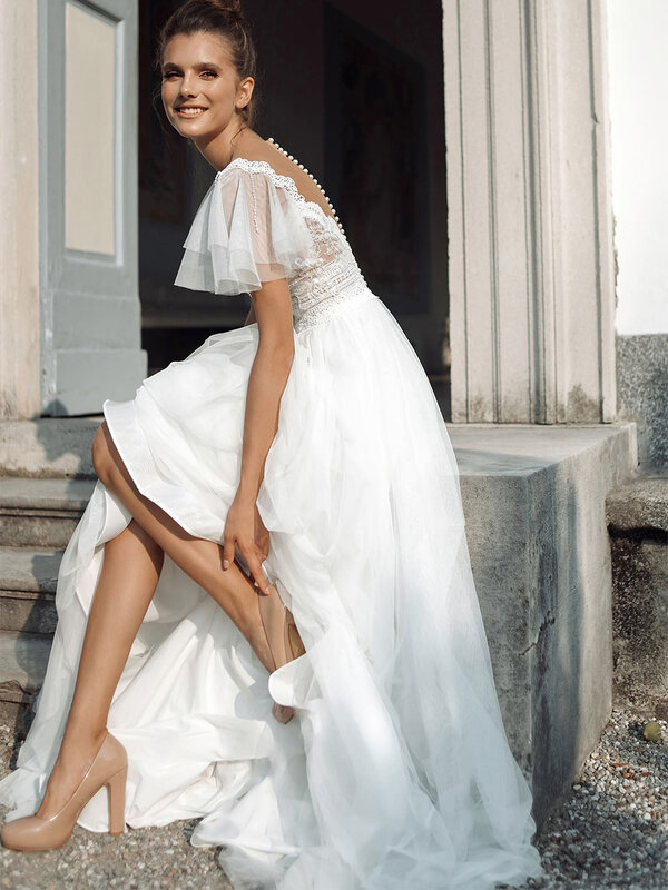 بوهو الخامس الرقبة تول قبعة قصيرة الأكمام فستان الزفاف الدانتيل الشاطئ شفافة الظهر حجم كبير الأميرة 2021 فستان زفاف مخصص