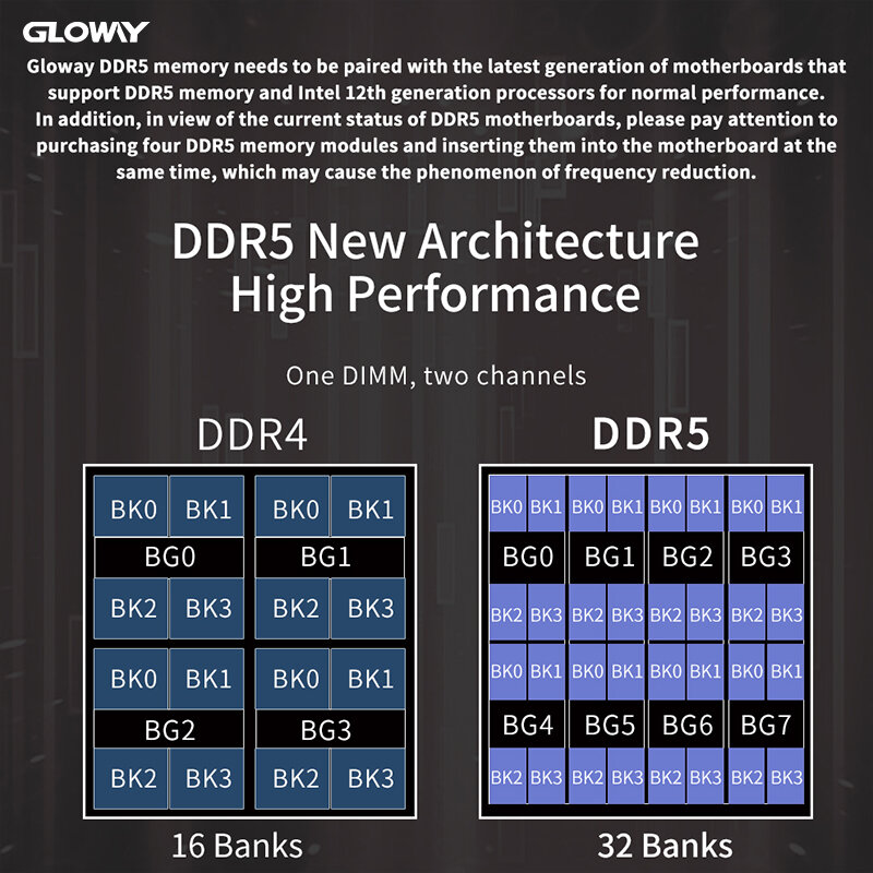 ذاكرة الوصول العشوائي Gloway ذاكرة الوصول العشوائي ddr5 5200mhz 16GB 32GB (2x8GB) 4800mhz DDR5 ذاكرة الوصول العشوائي لسطح المكتب MSI ASUS Z690 On-die ECCz 1.25V