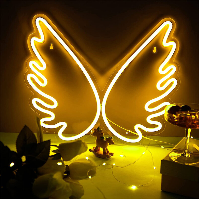 مخصص النيون مصباح ليد الملاك الجناح تضيء شخصية مخصصة شعار النيون تسجيل لحفل زفاف سعيد عيد ميلاد جدار ديكور فني