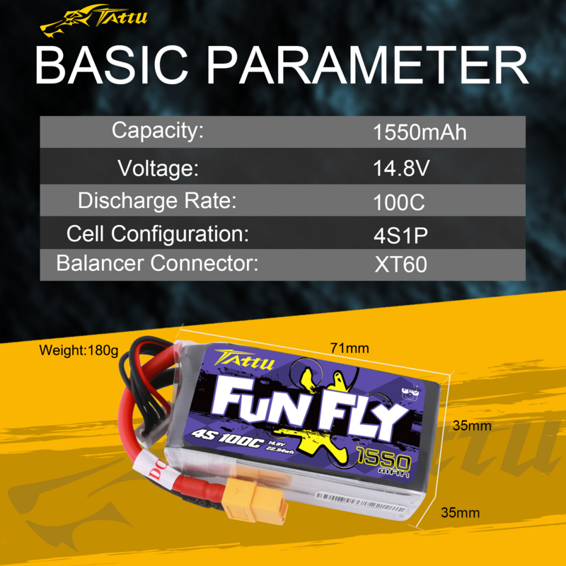 Tattu FunFly 1550mAh 100C 14.8V يبو 4S بطارية XT60 التوصيل ل FPV إطار ممارسة 250 230 210 180 حجم سباق Drone