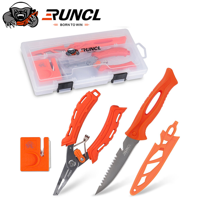 Runcl متعددة الوظائف صندوق معالجة الصيد مع 4 بوصة الفولاذ المقاوم للصدأ الطعم سكين ، كماشة Luia ، طحن ، في الهواء الطلق حقيبة للتخزين