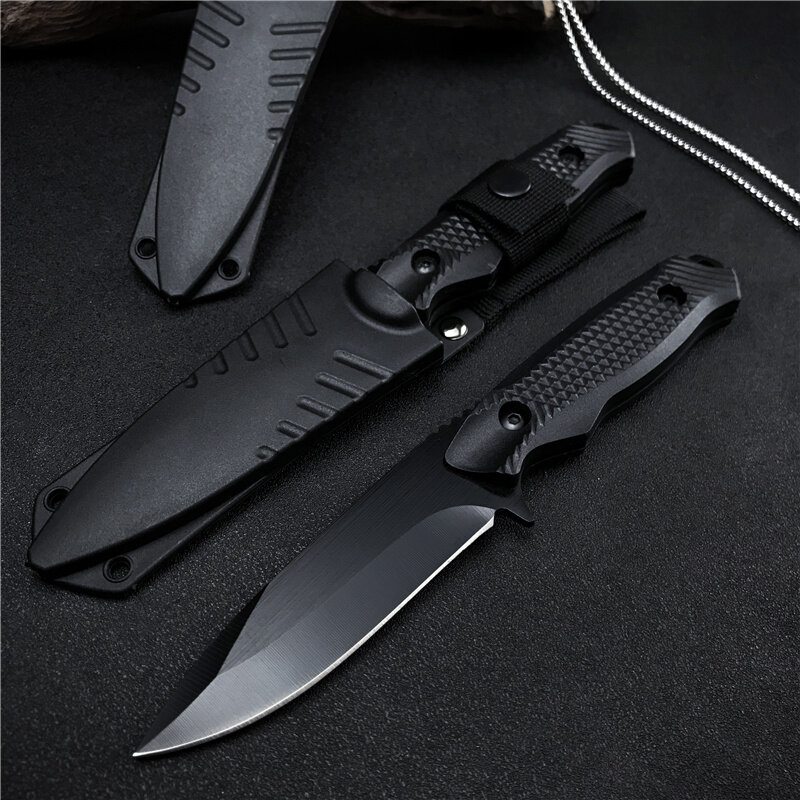 التكتيكية العسكرية شفرة مثبتة سكين هوك صلابة عالية التخييم الصيد الصيد السكاكين أداة فائدة مع ABS غمد ، أسود